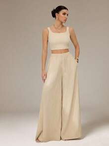 SHEIN Tall Casual Khaki Two Piece Outfit For Women With Scoop Neck Camisole Top And Long Plain Woven Pants Set Tall Two Piece Set Two Piece Set Linen Two Piece Set Beige Two Piece Set - Khaki - View 3
