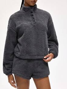 Rest Era Women's Solid Color Drop Shoulder Long Sleeve Top And Shorts Fleece Lounge Set, Fluffy Winter Clothes - Grey - View 7
