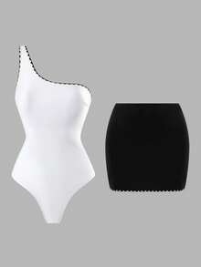 Swim Oasis 1件装女士连体钩编蕾丝边单件泳衣 - 黑與白 - 查看 5