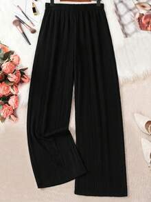 SHEIN PETITE CURVE 大码女式休闲褶皱设计裤 - 黑色 - 查看 2
