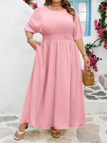 SHEIN CURVE+ 2026春夏新款大码度假休闲/日常休闲/外出/优雅派对/浪漫纯色黄色插肩袖弹力腰部收褶大A字摆梭织纹理面料女式大码长裙 - 粉色 - 查看 4