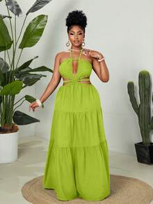 Maweii Plus Size Women Neon Green Hollow Out Sexy Halter Vacation Dress - Olive Green - View 4