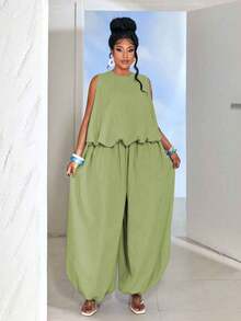 Maweii Plus Size Women Solid Color Round Neck Peplum Top And Loose Pants 2 Pieces Set - Green - View 5