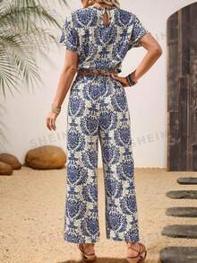 EMERY ROSE Beige,Summer,Boho,Holiday,Vacation,Holiday Elegant Two Pieces Set For Women,Short-Sleeve Pullover Shirt & Loose Straight-Leg Pants Casual Outfits, Tall Women - Multicolor - View 2