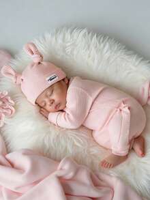 SHEIN Bộ 2 trang phục chụp ảnh cho bé gái sơ sinh gồm áo liền quần nhún bèo màu hồng kèm mũ thắt nút, đạo cụ chụp ảnh trẻ sơ sinh - Hồng - Xem 7