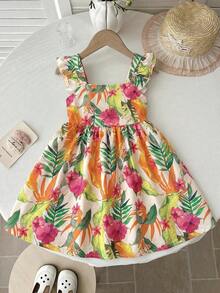 LMoss Kids Gaun Kasual Anak Perempuan Bahan Chiffon Motif Bunga Kecil Kerah Persegi dengan Hem Bergelombang - MultiWarna - View 2