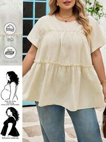 SHEIN CURVE+ 大码女式休闲通勤条纹衬衫，适合春夏穿着，法式休闲日常蜜桃色条纹长袖圆领修身衬衫，完美适用于度假、购物和春季远足。可与其他服装搭配，棕色上衣，大码娃娃衫，宽松衬衫。 - 彩色 - 查看 1