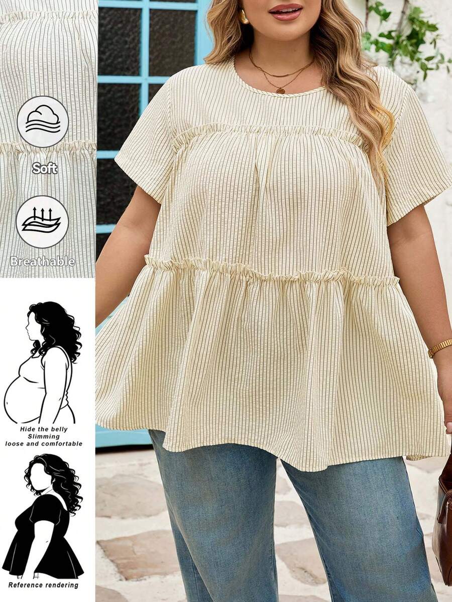 SHEIN CURVE+ 大码女式休闲通勤条纹衬衫，适合春夏穿着，法式休闲日常蜜桃色条纹长袖圆领修身衬衫，完美适用于度假、购物和春季远足。可与其他服装搭配，棕色上衣，大码娃娃衫，宽松衬衫。 - 彩色 - 查看 1