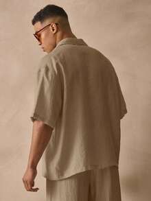 Musero Short Sleeve Asym Button Detail Top Smart Style Leightweight Linen Textured Shirt Spring Summer Holiday Essentials - Beige - View 4