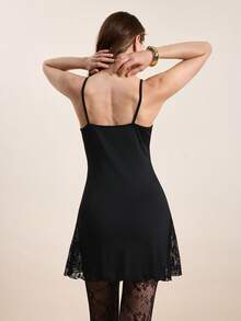 Hourtrue Tương phản Ren Xà lách Viền Cami Pyjama Váy ngủ - màu đen - Xem 2