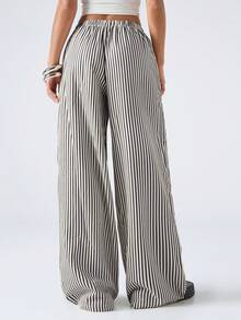 LYSMO 女士休闲藏蓝色条纹抽绳腰宽松裤 - 藏蓝色 - 查看 2