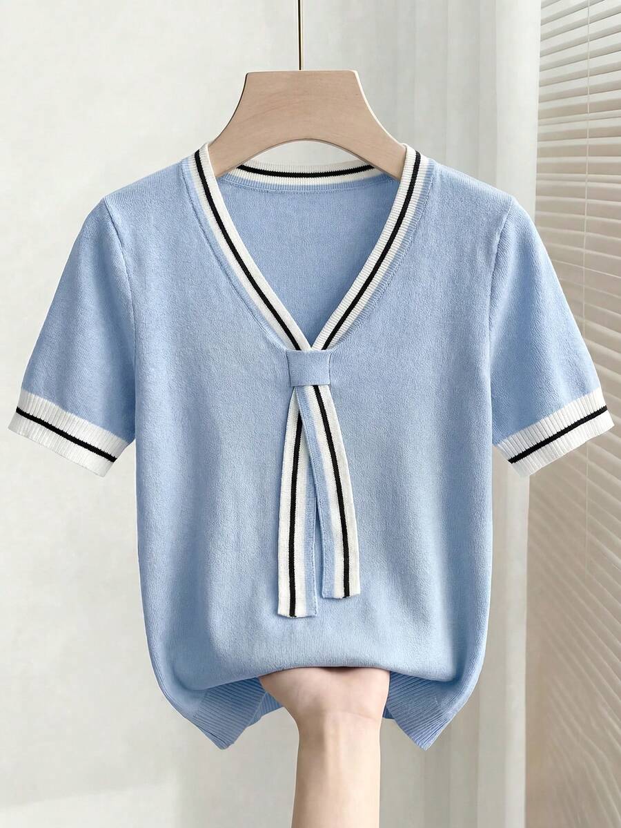 EMERY ROSE Blusa de punto casual y versátil de mujer con cuello en V y bloques de color - Azul - Ver 1