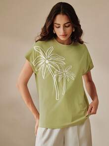 Anewsta Blusa verde de verano para mujer, camiseta de manga corta con patrón bordado y con cuentas de árbol de coco elegante, camiseta casual para mujer, adecuada para atuendos de vacaciones, ropa casual de vacaciones, atuendo de vacaciones de verano - Verde - Ver 4