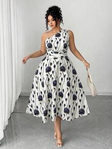 SHEIN Elenzya 大码女式优雅蓝白碎花针织长裙，适合返校、毕业典礼、情人节、音乐节、母亲节、万圣节、感恩节、复活节、国庆节、舞会、约会派对、婚礼季、户外旅行等场合。 - 藏蓝色 - 查看 3