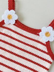 SHEIN LMoss Kids 2pcs Baby Girl Knitted Striped 3D Flower Camisole And Shorts Set - Multicolor - View 4