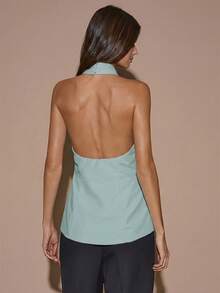 Blusa elegante de color café sólido con cuello halter sin espalda para mujer, top elegante, top con estilo de envoltura cruzada, otoño/invierno - verde menta - Ver 2