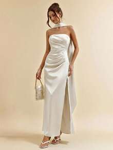 SHEIN BAE 绿色性感露背缎带高开衩优雅美人鱼长裙，伴娘礼服，缎面连衣裙，性感连衣裙，婚礼宾客礼服，春夏款 - 杏色 - 查看 5