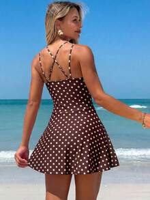 Swim Vcay Women's Summer Beach Floral Print Drawstring Criss-Cross V-Neck Ruffle Skort Swimsuit Cover Up - Brown - View 2