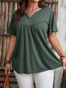 Miaspire Plus Size Summer Casual Solid Color Notched Neck T-Shirt - Green - View 5