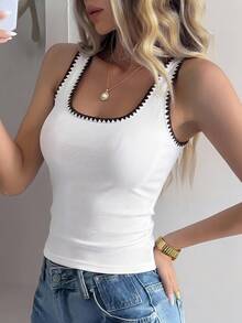 Livesso Damen lässiges ärmelloses Crop Top mit kontrastfarbener Ziersteppung, geeignet für Straße, Musikfestival, Urlaub, Frühling/Sommer - Weiss - Übersicht 3