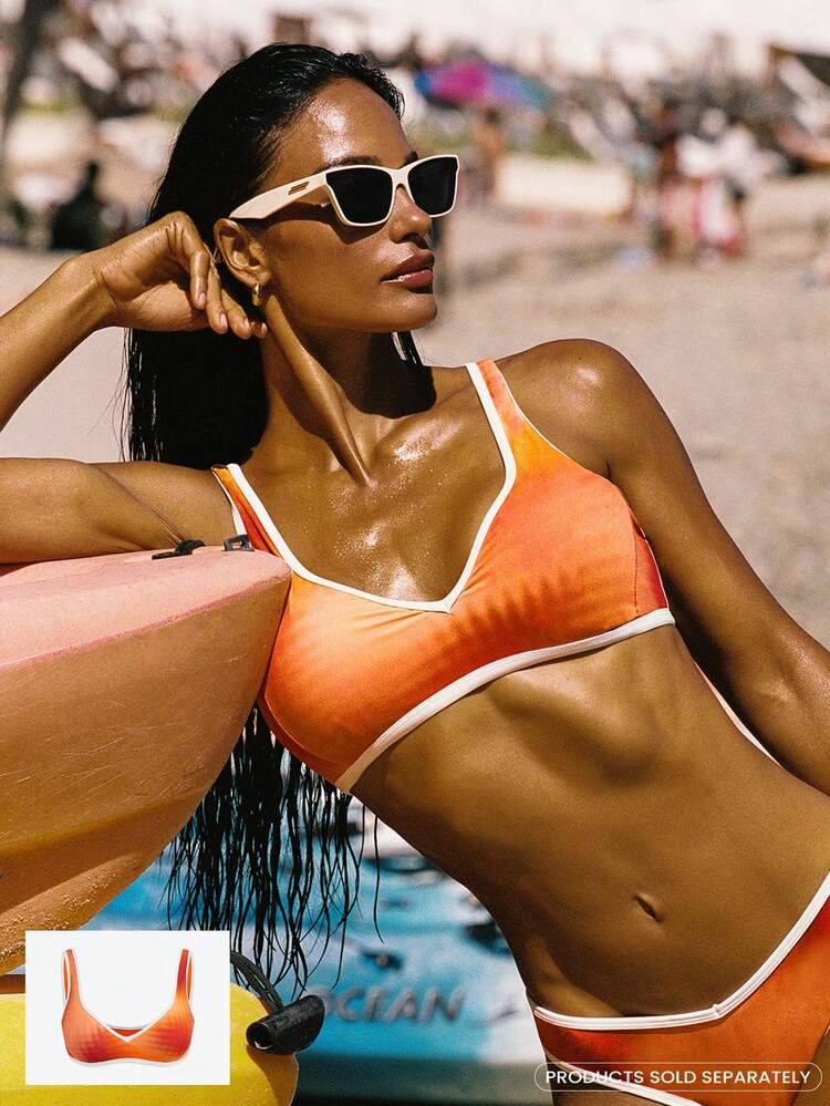 1PC Swim Collection Chlorine-Resistant Sandy Toes Sun-Protective Removable Cups Curved Hem Lining Contrast Piping Bikini Top Low Impact Swimming Beach Pool Holiday Vacation Summer Wear