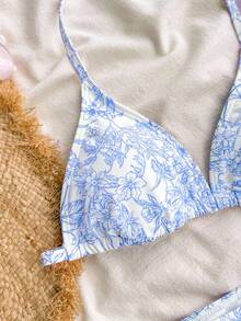 SHEIN Teen Girls Seaside Vacation Pink Floral Knit Halterneck V-Neck Bikini Set,Beach Outfit Bathing Suit Summer,Pattern For Two Pieces Swimwear - Blue - View 3