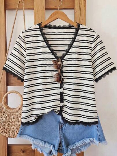 Franclia Camiseta casual y elegante de manga corta con cuello en V para mujer de talla grande