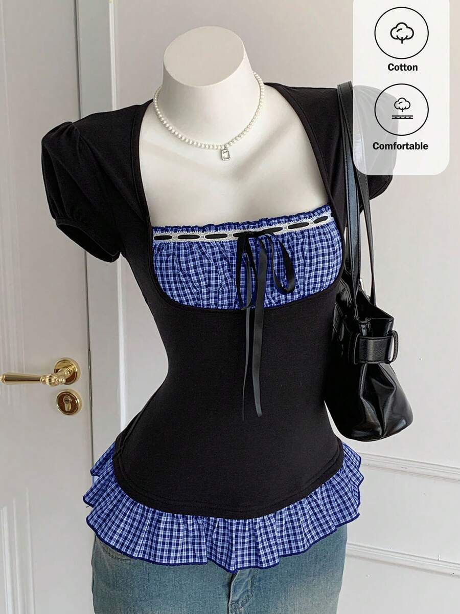 SHEIN Comfortcana 女士藏蓝色格子下摆拼接系带腰身修身衬衫 - 寶藍色 - 查看 1