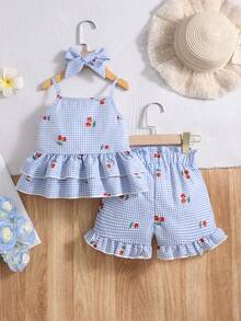 Bộ áo hai dây và quần short kẻ caro màu anh đào cho bé gái, kèm băng đô. - Màu xanh lam - Xem 2