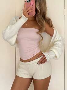 Selianne Plain Long Sleeve Minimalist Cropped Cardigan, Casual Everyday Wear,Long Sleeve Tops Fall Winter Cloth For Women - White - View 3