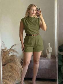 SHEIN MOD 大码女式高领纯色口袋连体裤，配腰带 - 軍綠色 - 查看 1
