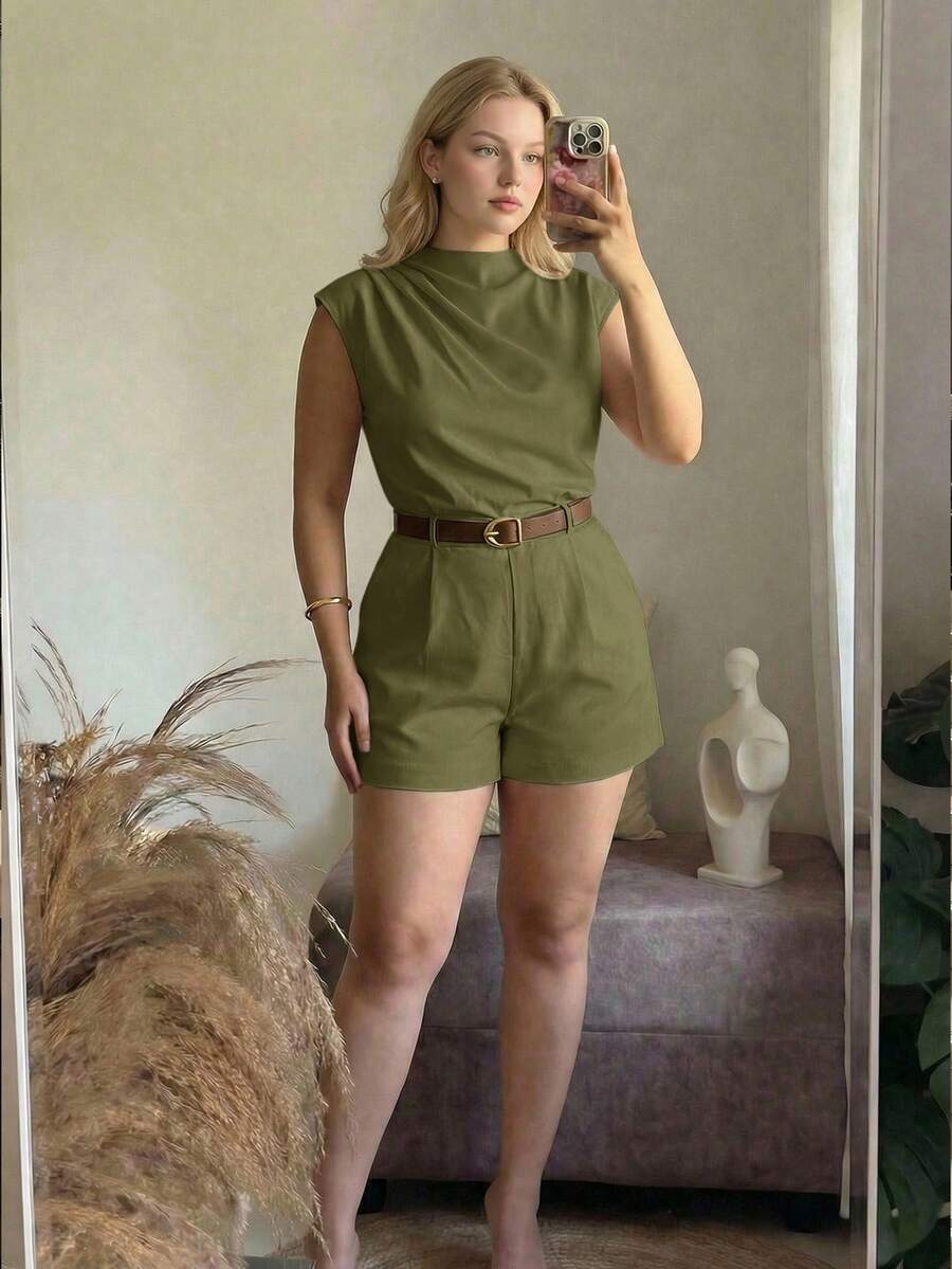 SHEIN MOD 大码女式高领纯色口袋连体裤,配腰带 - 軍綠色 - 查看 1