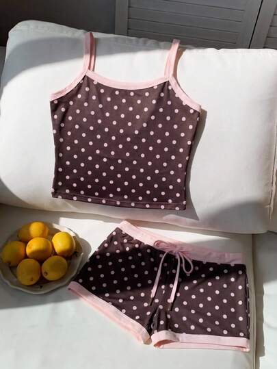 Comfortcana 2pcs Women Casual Polka Dot Print Camisole And Shorts Set