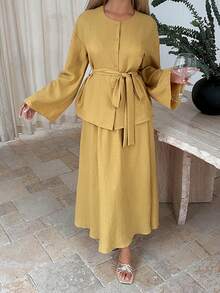 DAZY Spring Loose Casual Elegant Pullover Shirt & Long Skirt 2 Pieces Set For Women Lounge Sets For Women - Yellow - View 10