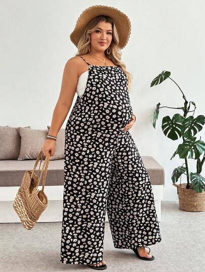 Plussiva Plus Size Maternity Jumpsuit For Summer Black Floral Jumpsuit - Comfortable And Casual Vacation Style Plus Size Maternity All-Over Print Casual Jumpsuit For Daily Wear