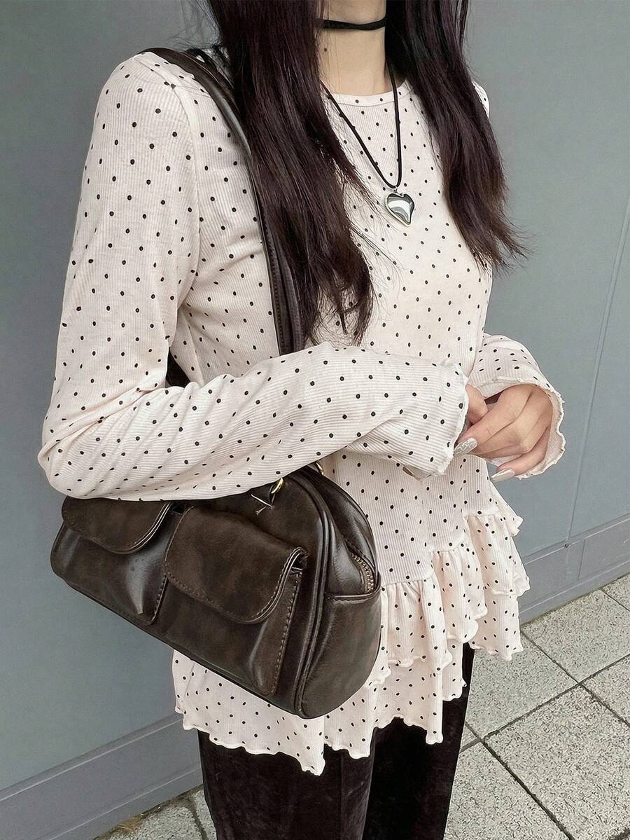 FRIFUL Women's Summer Polka Dot Print Round Neck Long Sleeve Ruffle Hem Blouse - Beige - View 1