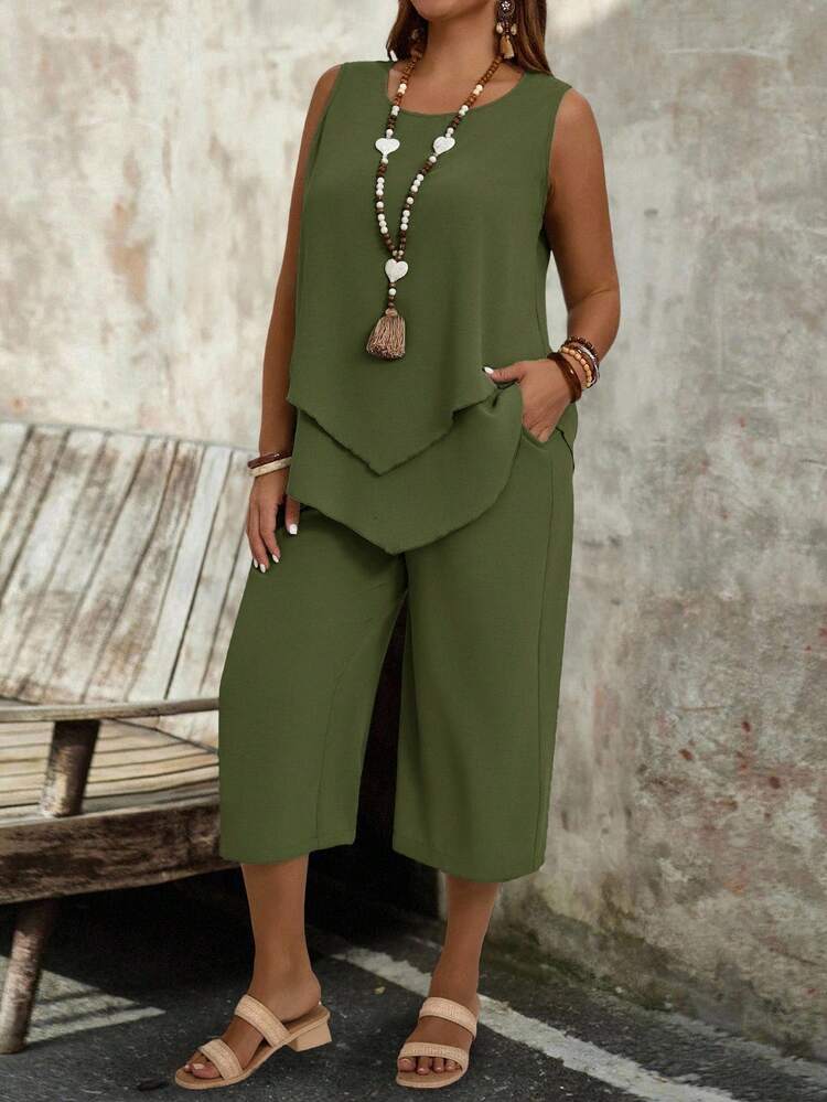 Plus Size Women's Simple Sleeveless Top And Pants 2pcs Set, Vacation Outfits Woman, Boho For Women, Summer Outfits For Women