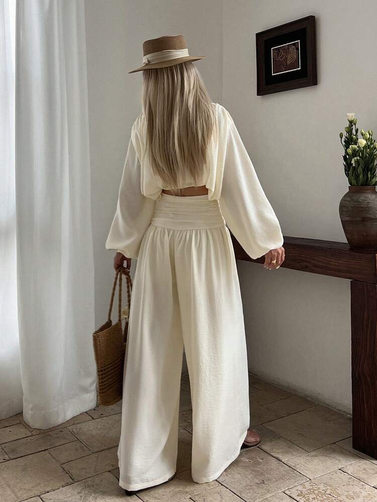 Women's Solid Color Ruffle Trim Long Sleeve Shirt And Pants Casual 2 Pieces Set