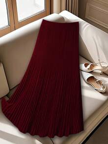 GlowEve CURVE Plus Size Women Solid Color Elastic Waist Pleated Casual Skirt - Burgundy - View 3