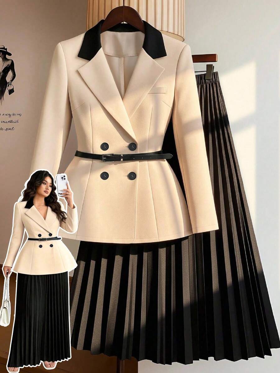 GlowEve CURVE Conjunto de dos piezas de talla grande para mujer con diseño de contraste de color, cinturón de cintura y plisado - Multicolor - Ver 1