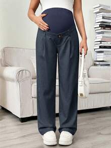 SHEIN Adjustable Waist Pocket Casual Versatile Maternity Pants For Daily Wear - Navy Blue - View 3