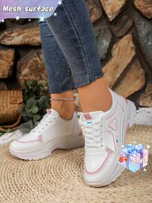 SHEIN Giày thể thao nữ đa năng, cổ thấp, đế dày, chất liệu lưới, có dây buộc, thích hợp cho chạy bộ và du lịch, hoàn hảo cho mùa xuân và mùa thu. - Hồng - Xem 5