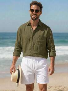 DAZY 男士休闲度假通勤长袖衬衫短裤套装，春夏秋季 - 卡其色 - 查看 10