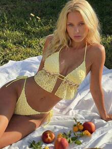 Swim Mod New Women's Sexy Sweet Halter Tankini Swimwear Set, Spring/Summer - Yellow - View 3