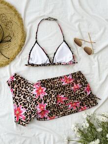 Bộ bikini 3 mảnh dành cho thiếu nữ, gồm áo tắm dệt kim họa tiết hoa và da báo, kèm váy che ngoài, kiểu dáng thời trang, thanh lịch, thoải mái, phù hợp cho bơi lội, kỳ nghỉ hè, trang phục mùa hè cho thiếu nữ, bộ đồ bơi hai mảnh dành cho thiếu nữ, bộ đồ bơi đi biển, đồ bơi in hình động vật, bikini họa tiết da báo, bộ đồ bơi hai mảnh in hình da báo. - Nhiều màu - Xem 2