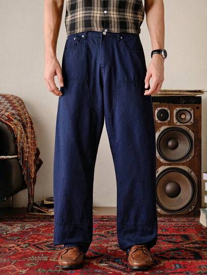 VeloEdit 秋冬季休闲成熟藏蓝色阔腿牛仔裤