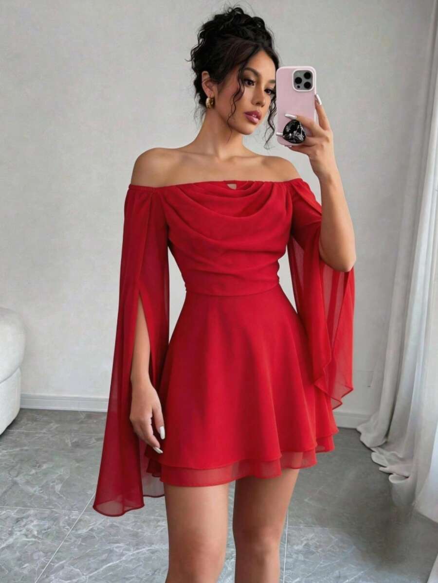 Aloruh Vestido mini de mujer de manga larga con cintura ceñida, volantes en el bajo y escote en V, en color morado romántico para citas o festivales de música - Rojo - Ver 1