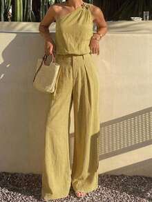 Livesso Spring & Summer Fashion Yellow Bow Metal Decor Asymmetrical Shoulder Short Top Tee & Straight Leg Casual Pants 2-Piece Set, Business Casual, Vacation, Commute Wear For Women - Mustard Yellow - View 13