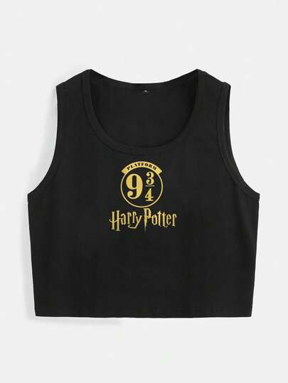 HARRY POTTER X SHEIN Áo tank top nữ cỡ lớn in chữ, cổ tròn, kiểu dáng thường ngày