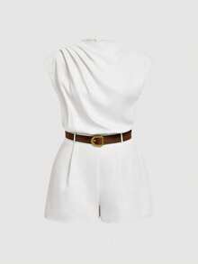 SHEIN MOD PLUS SIZE WOMEN HIGH NECK SOLID POCKET JUMPSUIT WITH BELT - White - View 3